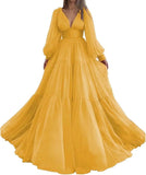 Langes Ballkleid mit Puffärmeln, Tüll, Ballkleid für Damen, Brautkleider, V-Ausschnitt, formelle Abendkleider