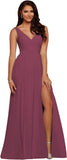 Vestidos de dama de honor largos con escote en V y abertura en gasa, corte A, plisados, para noche, fiesta formal