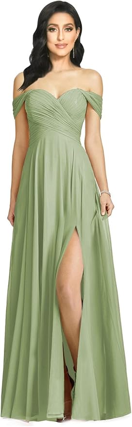 Off Shoulder Bridesmaid Dresses for Women Long Pleat Chiffon Aline Formal Party Dress with Slit