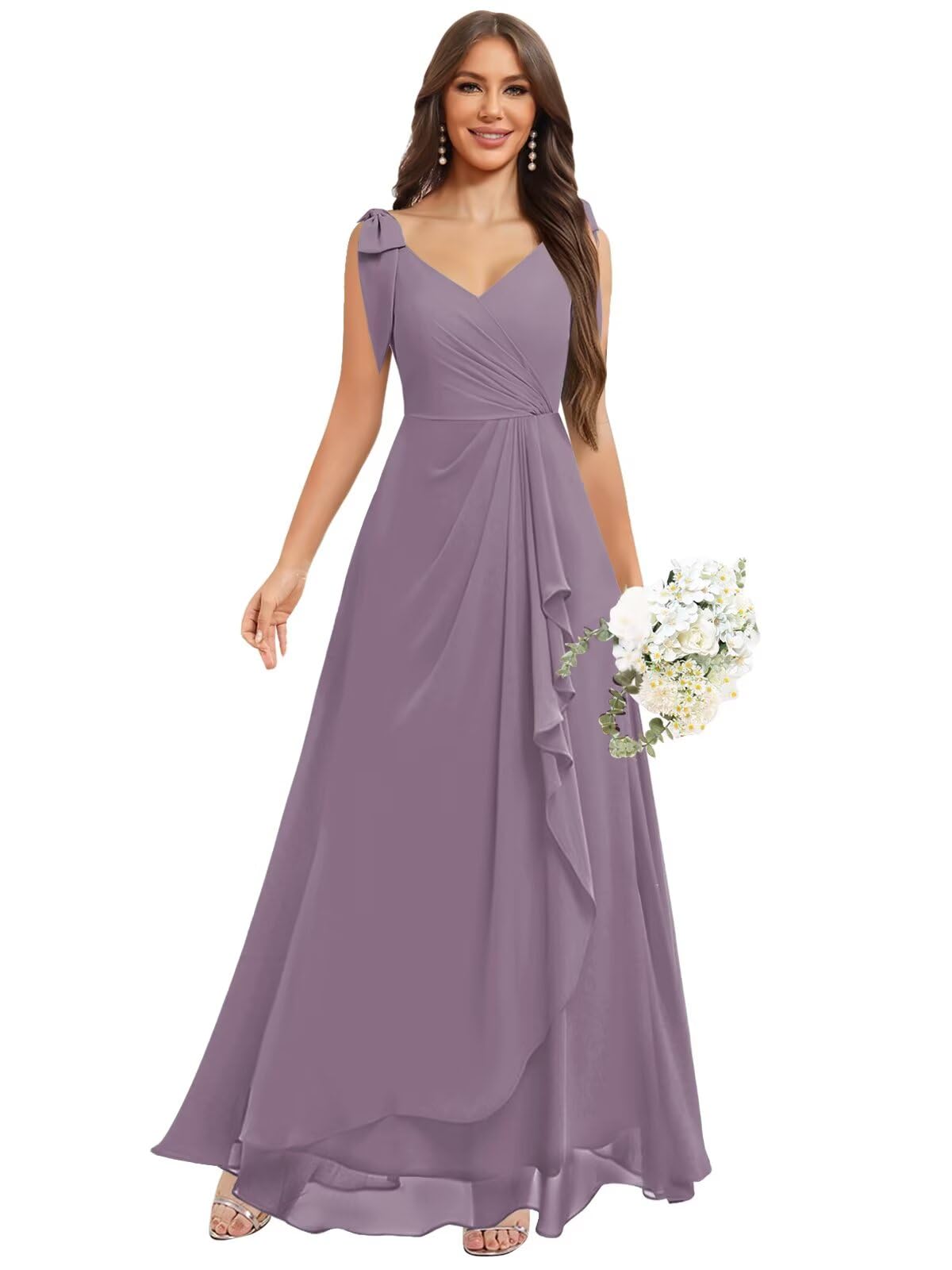 Chiffon Bridesmaid Dresses for Women Ruffles V Neck Flowy Long Formal Evening Dress with Bow
