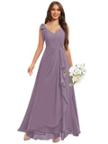 Chiffon Bridesmaid Dresses for Women Ruffles V Neck Flowy Long Formal Evening Dress with Bow