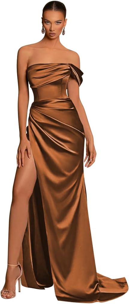 One Shoulder Mermaid Bridesmaid Dresses with Slit 2025 Pleats Satin Formal Evening Gowns for Women