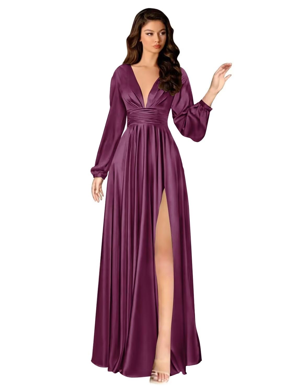 Kingbridal Gowns Long Sleeve Satin Bridesmaid Dresses for Women Long A-Line V-Neck Pleated Formal Evening Party Ball Gown with Slit