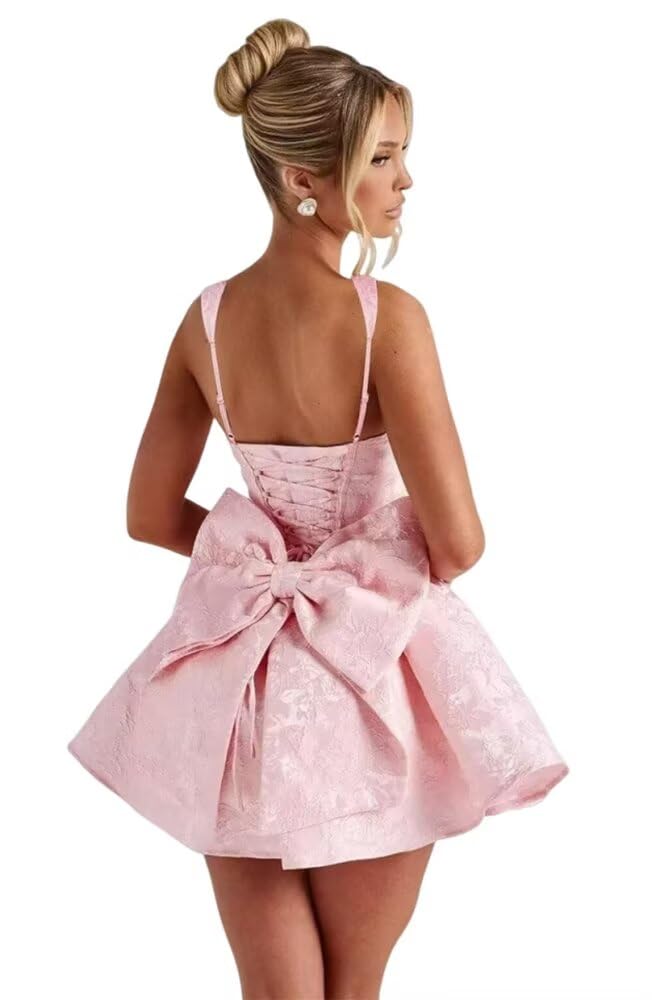 Satin Jacquard Homecoming Dress with Bow Short A-Line Mini Prom Cocktail Party Gown