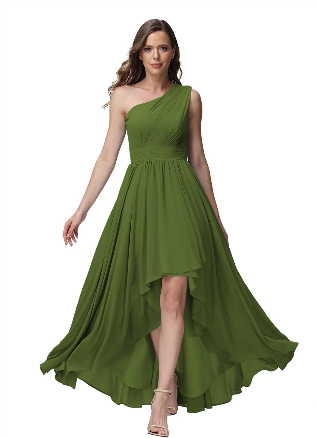 Vestido de dama de honor de un solo hombro para mujer, vestido formal de noche de gasa con bolsillos y corte alto bajo