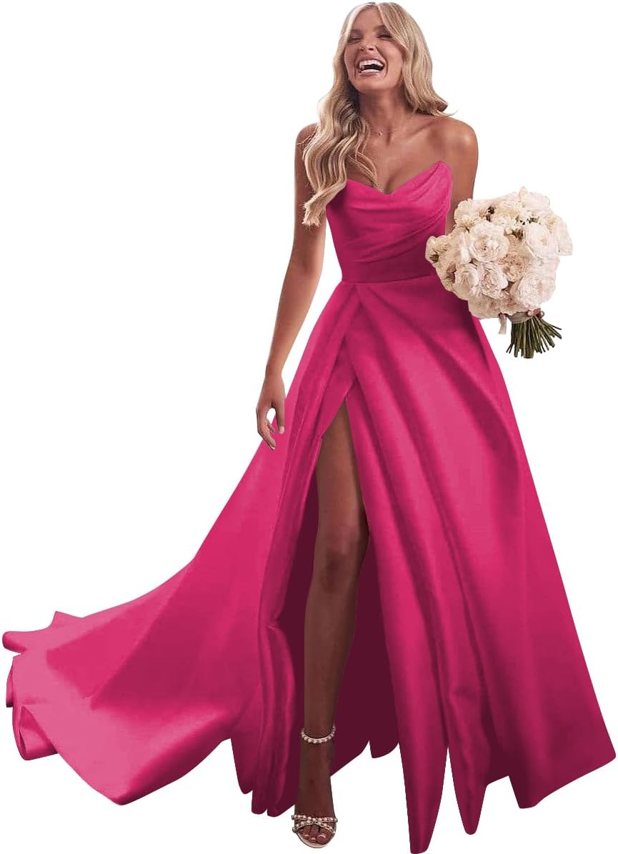 Strapless Satin Prom Wedding Dresses with Slit Long Pleats Formal Ball Bridal Gowns with Pockets