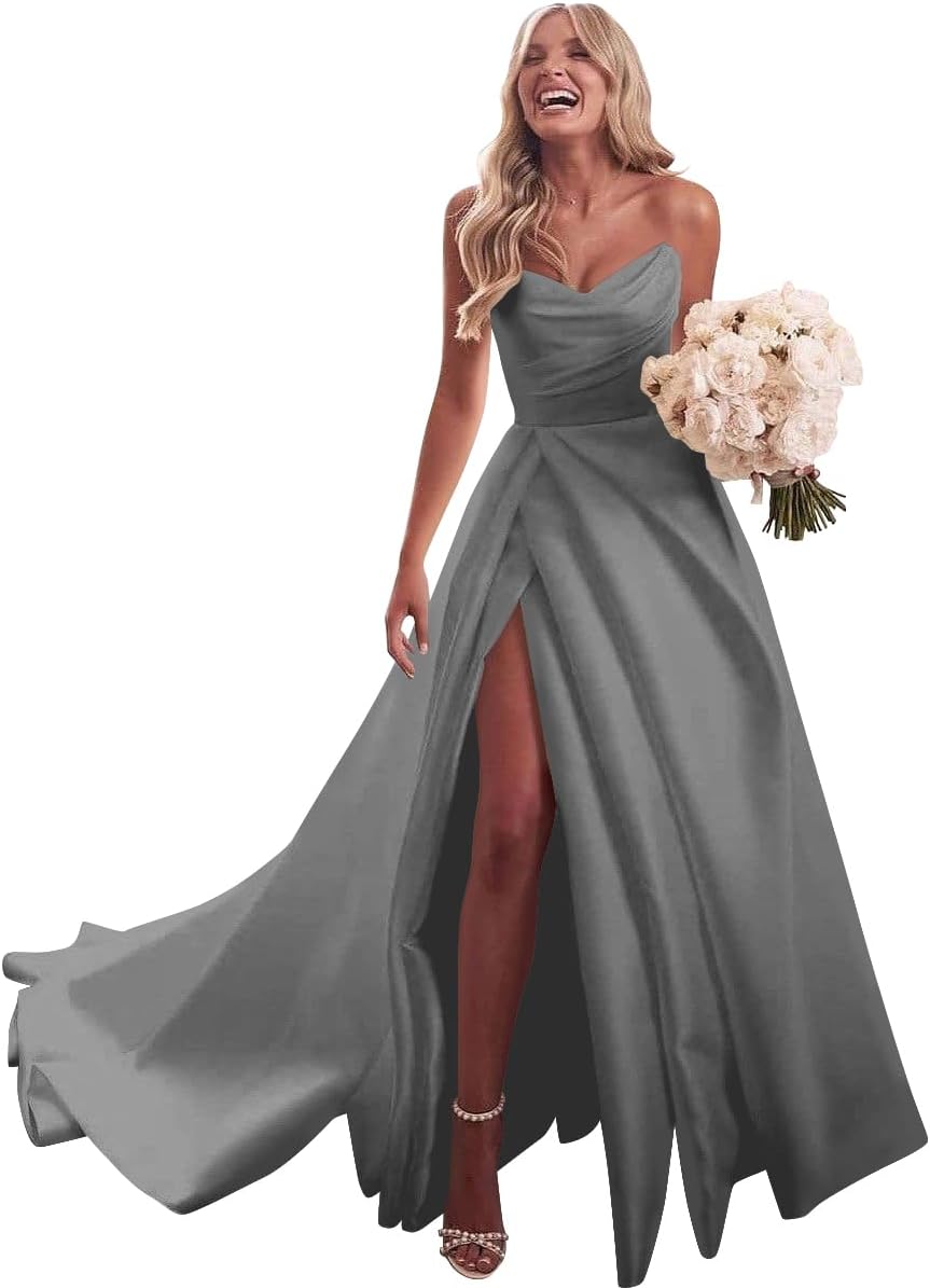 Strapless Satin Prom Wedding Dresses with Slit Long Pleats Formal Ball Bridal Gowns with Pockets
