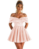 Off Shoulder Satin Homecoming Dresses for Teens 2026 Short Prom Dress A-line Pleated Cocktail Party Gowns