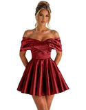 Off Shoulder Satin Homecoming Dresses for Teens 2026 Short Prom Dress A-line Pleated Cocktail Party Gowns