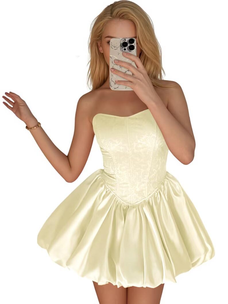 Strapless Satin Homecoming Dresses for Teens Jacquard Short Prom Dress A-line Cocktail Party Gowns with Pockets