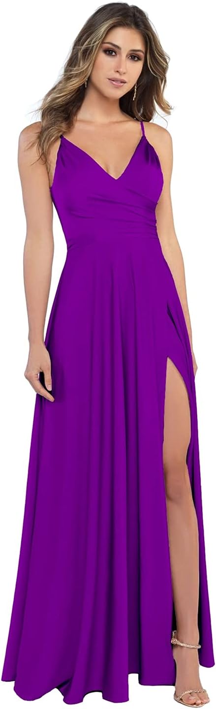 Damen-Brautjungfernkleider aus Satin mit V-Ausschnitt und Schlitz, Spaghettiträgern, formelle Ballkleider mit Taschen 