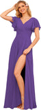 V Neck Bridesmaid Dresses for Women with Slit 2025 Flutter Sleeve Chiffon Pleats Formal Dress with Pockets