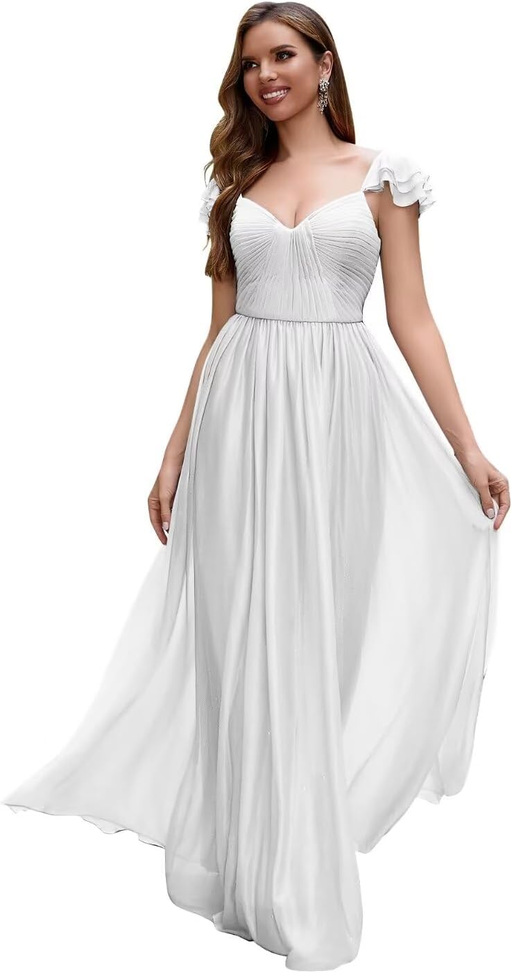 Cap Sleeve Bridesmaid Dresses for Women Long V Neck Ruffled Split Glittery Long Formal Evening Dress with Pocket