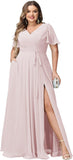 Plus Size Bridesmaid Dresses with Pockets V Neck Chiffon Flutter Sleeves Formal Evening Gowns with Slit