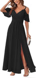 Women's Cold Shoulder Bridesmaid Dresses Long Summer Side Slit Chiffon Formal Evening Gown with Pockets