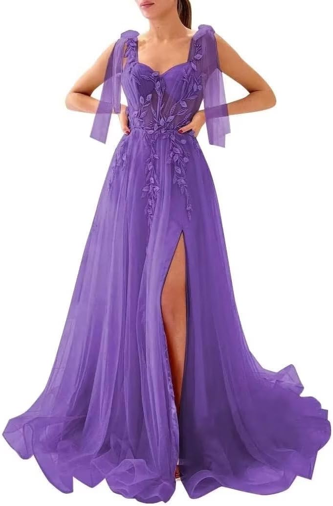 Appliques Tulle Lace Prom Dresses with Slit Spaghetti Straps Formal Evening Dress Sweetheart Ball Gowns