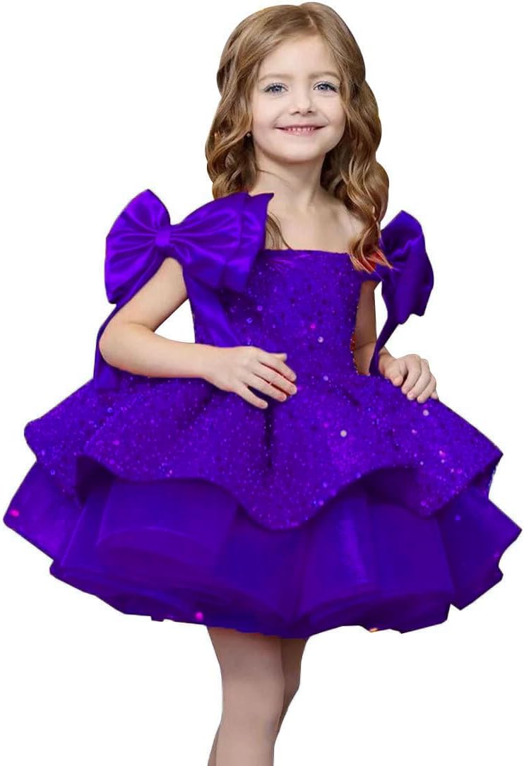 Sparkly Sequin Puffy Flower Dresses Short Girls A Line Princess Bow Knot Birthday Party Dress