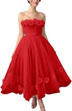 Women's 3D Flower Off Shoulder Tea Length Whimsical Prom Dress, A Line Strapless Tulle Formal Evening Party Gown
