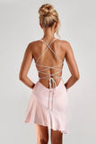 Blush Pink Ruffles Satin Homecoming Dresses for Teens Spaghetti Straps A Line V Neck Cocktail Short Pleated Prom Dress