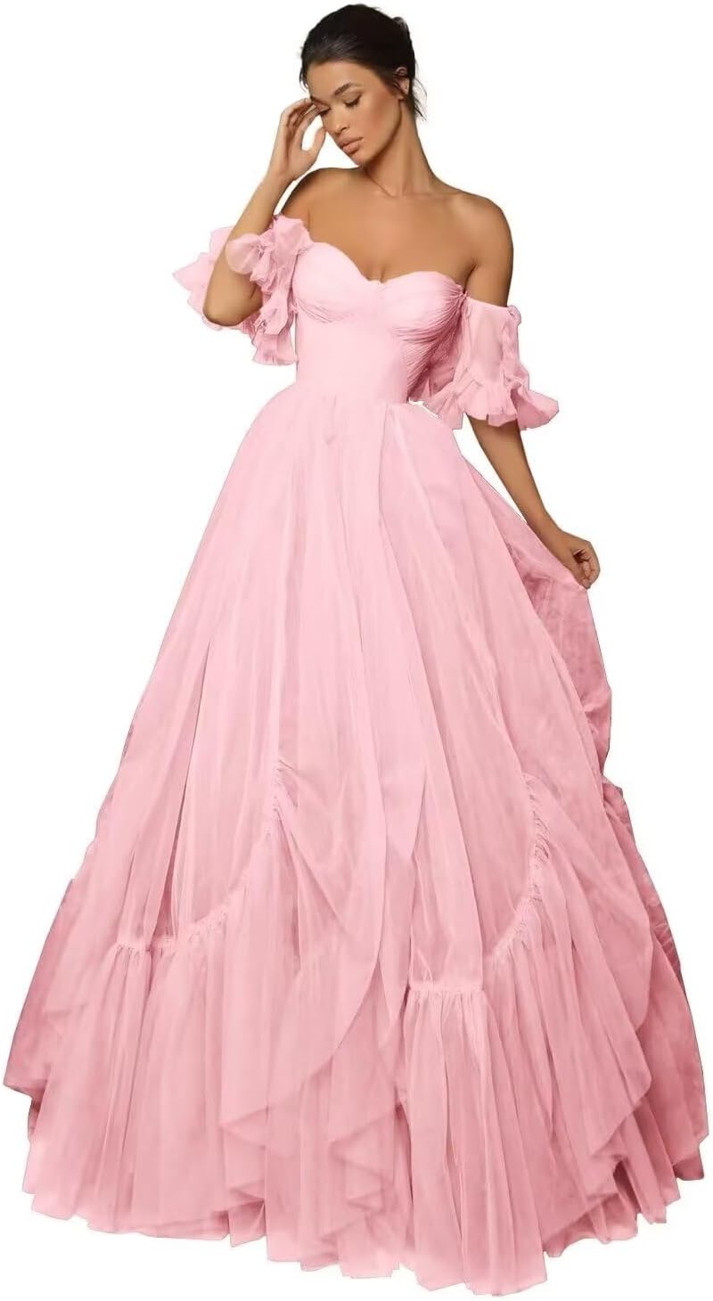 A-line Ruffled Short Sleeve Tulle Prom Dress for Women, Sweetheart Formal Gown Off The Shoulder Long Party Dress