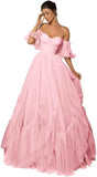 A-line Ruffled Short Sleeve Tulle Prom Dress for Women, Sweetheart Formal Gown Off The Shoulder Long Party Dress