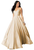 Spaghetti Straps Satin Prom Dresses for Women Long with Pockets Pleated Formal Evening Gowns