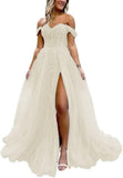 Off The Shoulder Tulle Prom Dress with Laces Applique A-line Slit Long Ball Gowns Glitter Formal Evening Dress