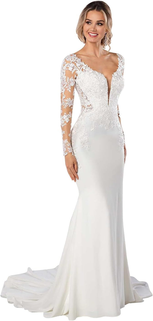 Women's Elegant Lace Beach Wedding Dresses for Bride with Sleeves Wedding Bridal Gowns