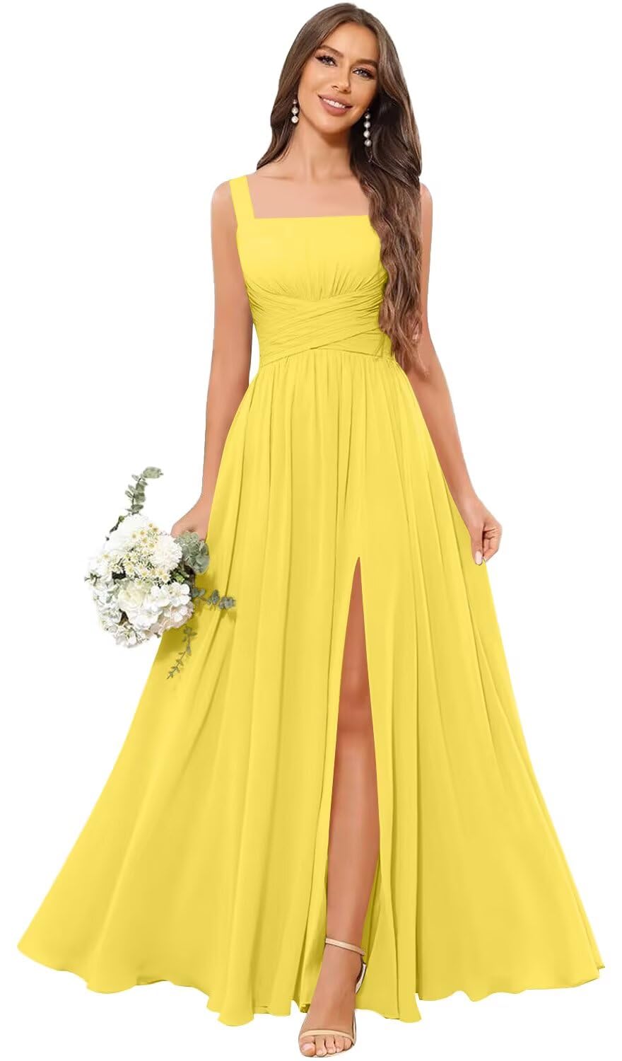Kingbridal Chiffon A-line Bridesmaid Dresses for Women 2027 Long Square Neck Pleated Formal Evening Party Dress with Slit