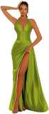 Halter Satin Prom Dresses for Women 2027 Long Mermaid Corset Formal Dress Pleated Evening Party Gowns with Slit