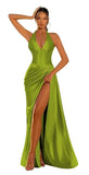 Halter Satin Prom Dresses for Women 2027 Long Mermaid Corset Formal Dress Pleated Evening Party Gowns with Slit