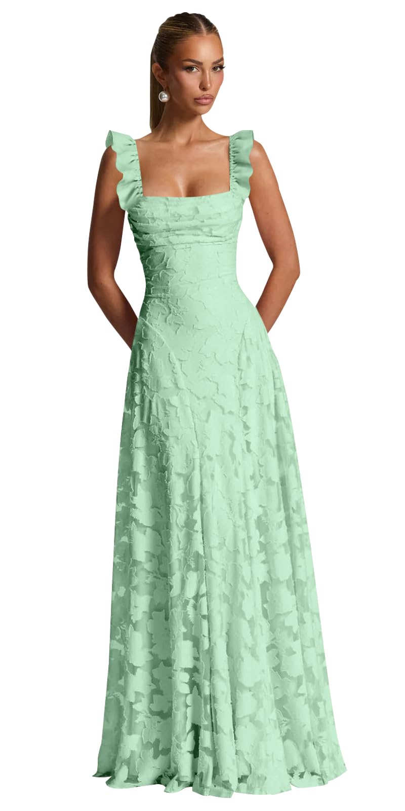 Ruched Jacquard Prom Dresses for Women Teens Ruffle Strap Floral Maxi Formal Dress Evening Gown