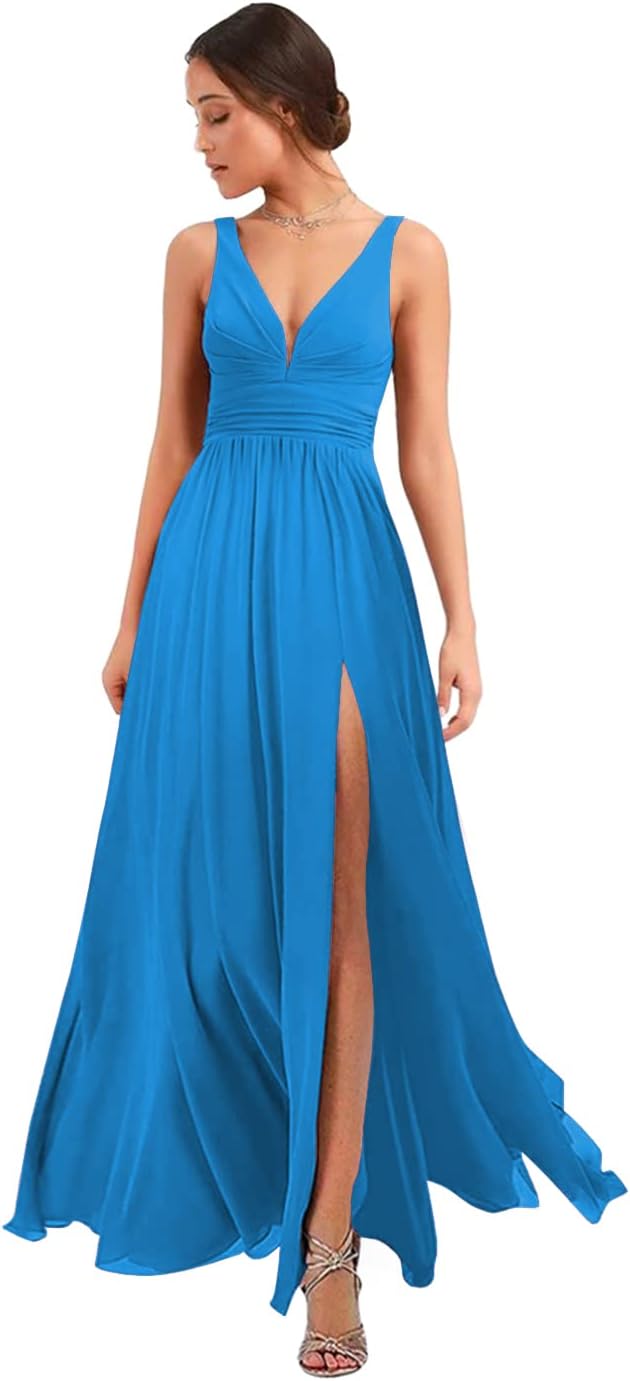Women's Deep V Neck Bridesmaid Dresses with Slit Chiffon Pleats A Line Formal Party Dresses with Pockets