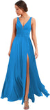 Women's Deep V Neck Bridesmaid Dresses with Slit Chiffon Pleats A Line Formal Party Dresses with Pockets