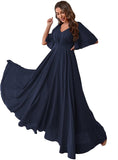 Women's Batwing Sleeve Chiffon Bridesmaid Dresses with Pockets V Neck Long Formal Evening Dress