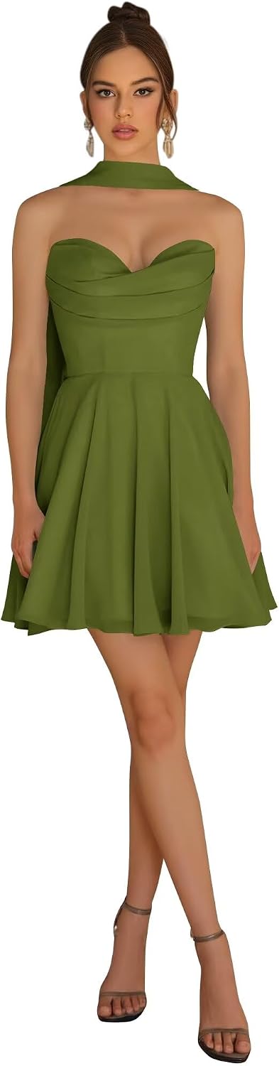 Strapless Homecoming Dresses for Teens 2026 Chiffon Short Prom Dress with Scarf A-line Pleated Cocktail Party Gown