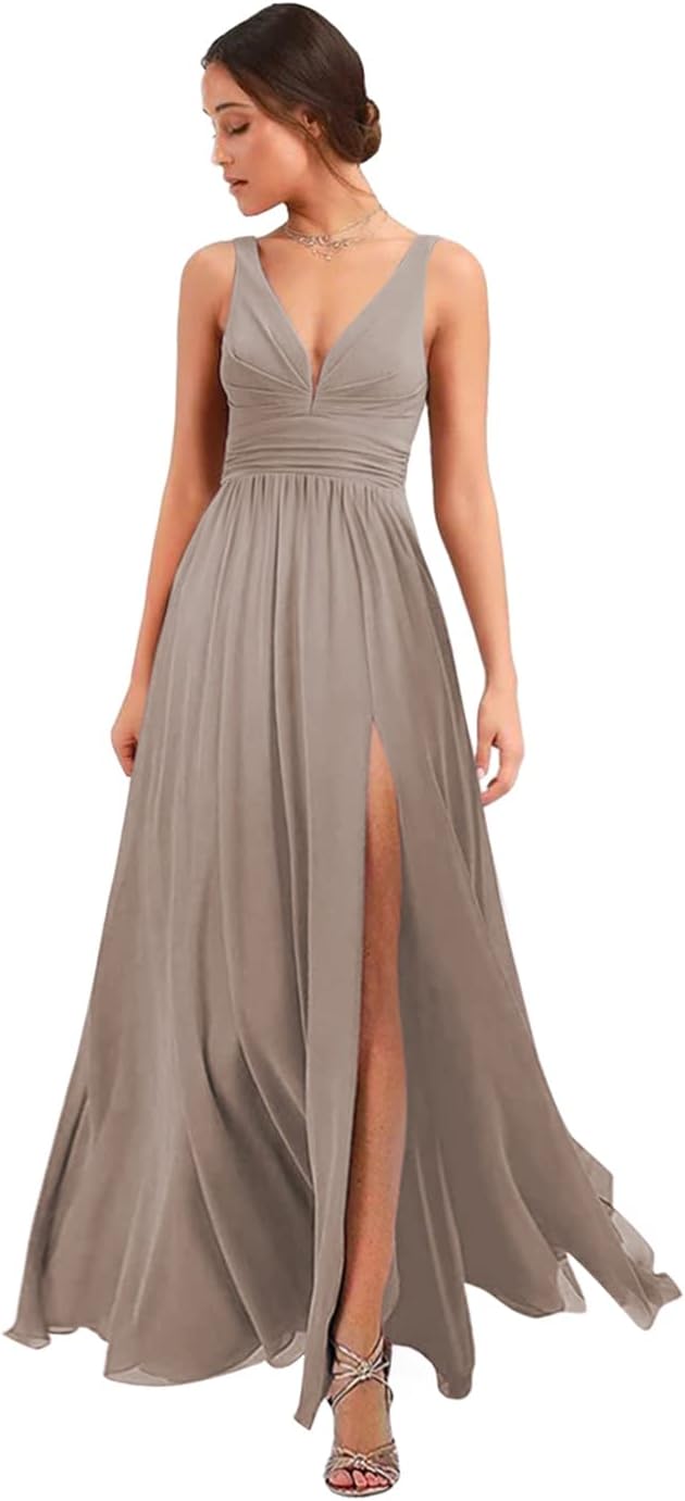 Women's Deep V Neck Bridesmaid Dresses with Slit Chiffon Pleats A Line Formal Party Dresses with Pockets