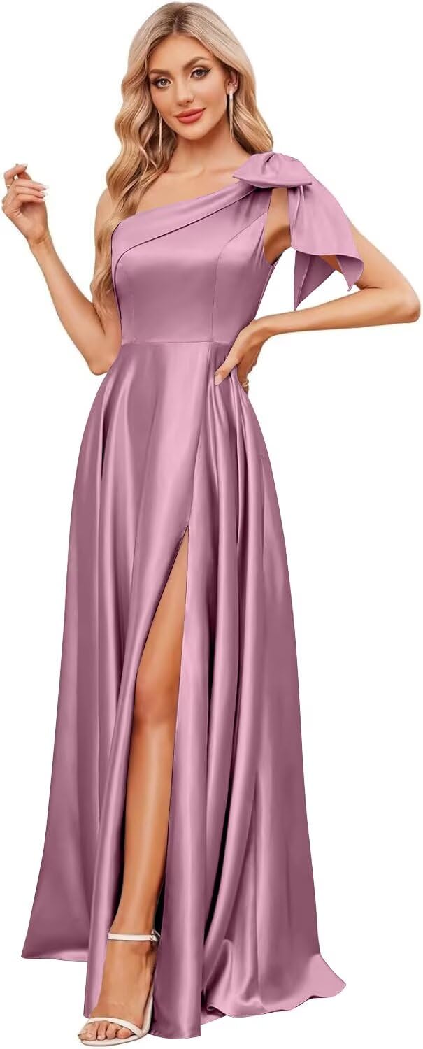 One Shoulder Bridesmaid Dresses for Women 2027 Long Satin A-line Formal Evening Party Dress with Slit