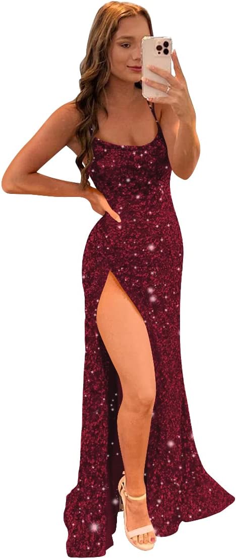 Women's Sequin Mermaid Prom Dresses with Slit Glitter Criss-Cross Long Formal Evening Gowns