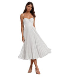 Floral Satin Midi Wedding Guest Dresses Pleated Tea Length Formal Evening Party Gowns