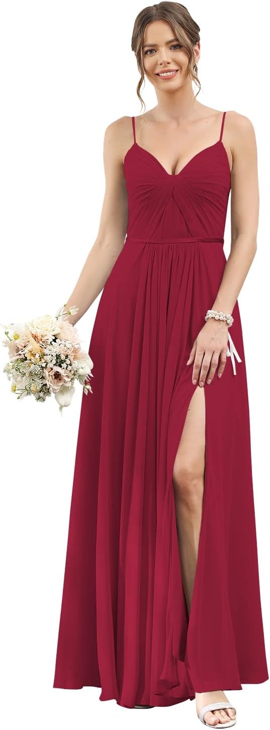 Vestidos de dama de honor largos con tirantes finos y bolsillos, plisados, formales, de noche, con abertura 