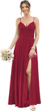 Vestidos de dama de honor largos con tirantes finos y bolsillos, plisados, formales, de noche, con abertura 