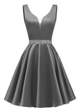 Satin Glitter Homecoming Dresses for Teens Short Prom Dress V-Neck Beaded Evening Formal Cocktail Party Gowns