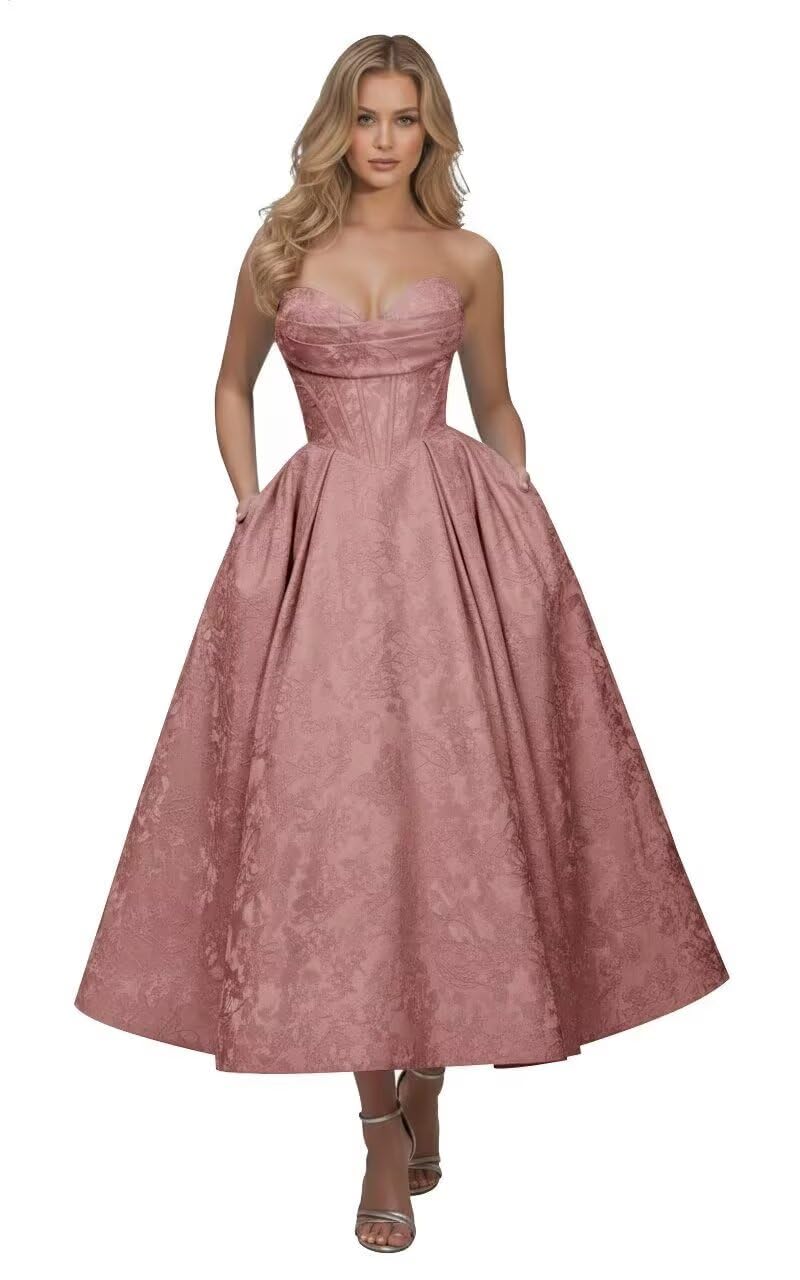 Strapless Floral Satin Prom Dresses for Women 2026 Jacquard Aline Formal Evening Party Dress with Pockets