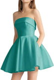 Women's Strapless Satin Short Prom Dresses with Pocket A Line Glitter Homecoming Dress Short Evening Party Ball Gown