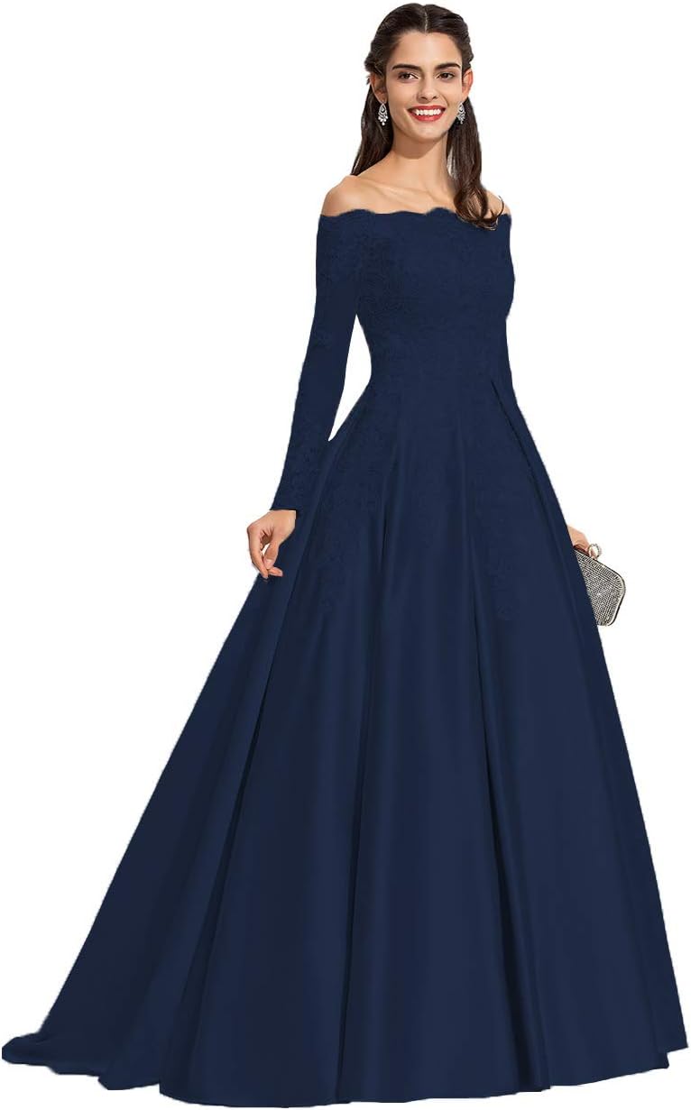 Vestidos de fiesta formales de satén con apliques de encaje y hombros descubiertos para mujer, con mangas largas