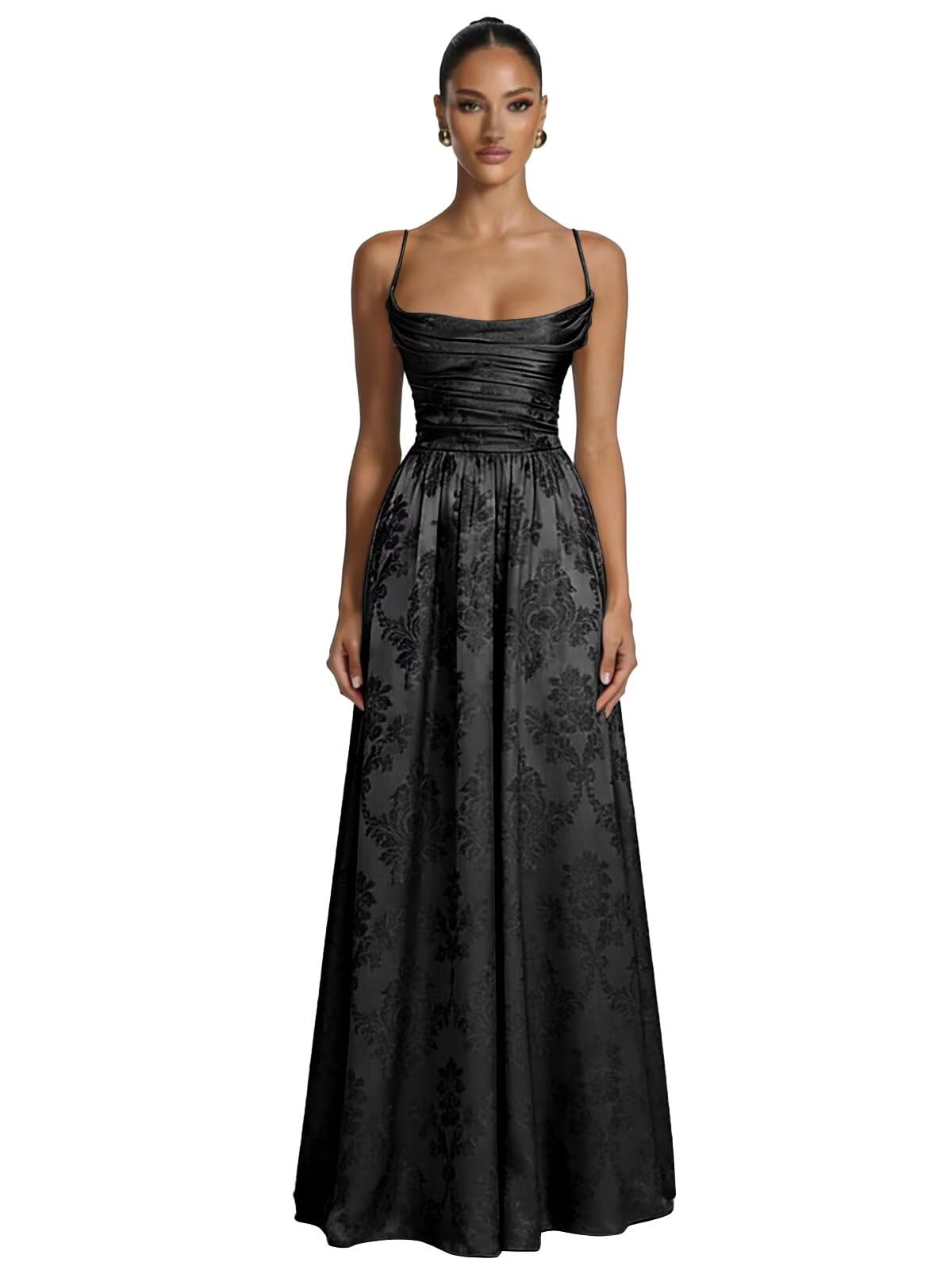 Floral Jacquard Prom Dresses for Women Spaghetti Straps A Line Satin Cowl Neck Formal Evening Party Dress
