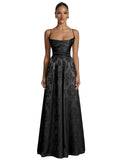 Floral Jacquard Prom Dresses for Women Spaghetti Straps A Line Satin Cowl Neck Formal Evening Party Dress