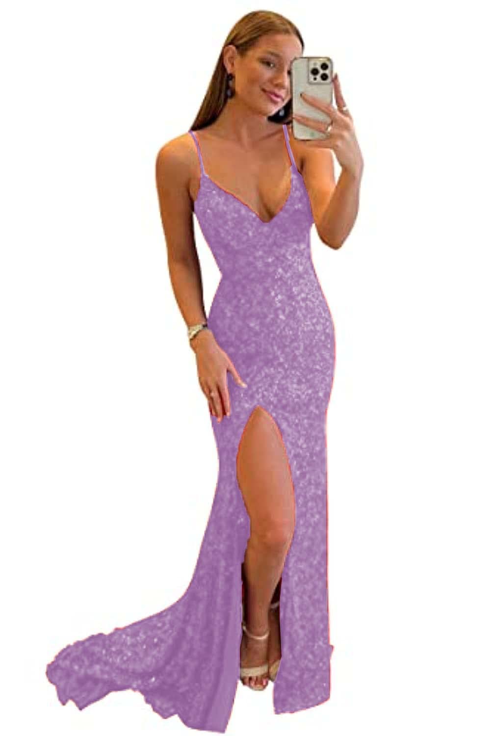Women's Spaghetti Straps Sequin Prom Dresses Mermaid Sleeveless Double V-Neck Sparkle Evening Dress with Slit