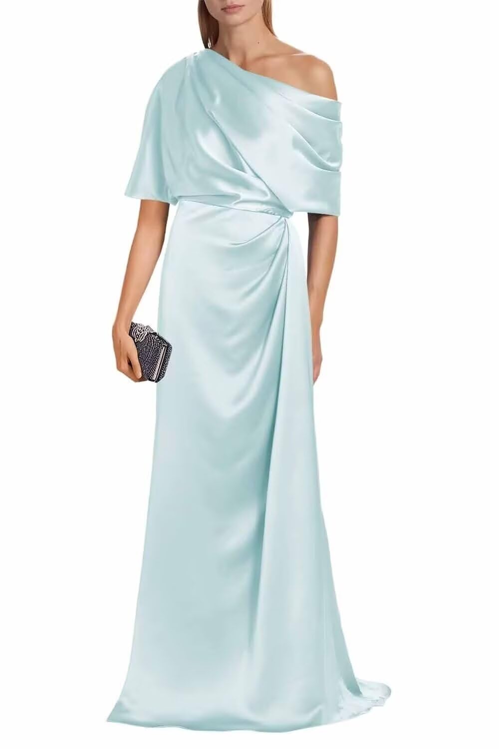 Satin Mother of The Bride Dresses for Wedding One Shoulder Formal Dress with Sleeves Mermaid Evening Party Gowns